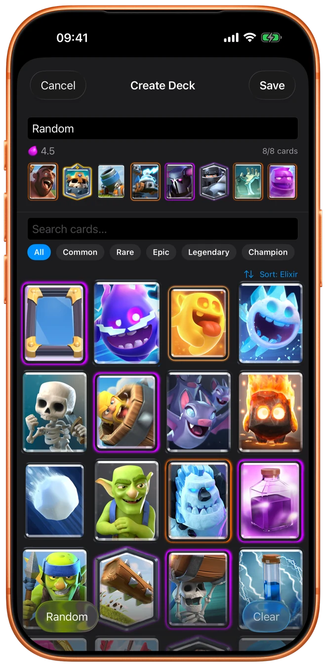 Clash Decks builder with card search, filters, sorting, and selected cards