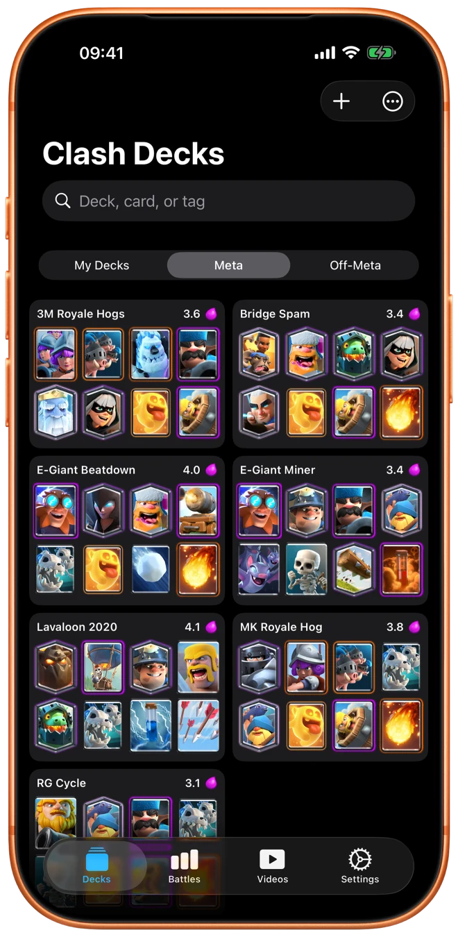 Clash Decks deck library showing saved Meta decks on iPhone